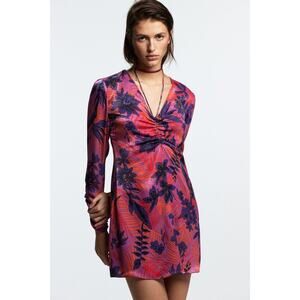 ZARA Floral Print Mini Dress Size Small Tropical Long Sleeve Relaxed Ruching New